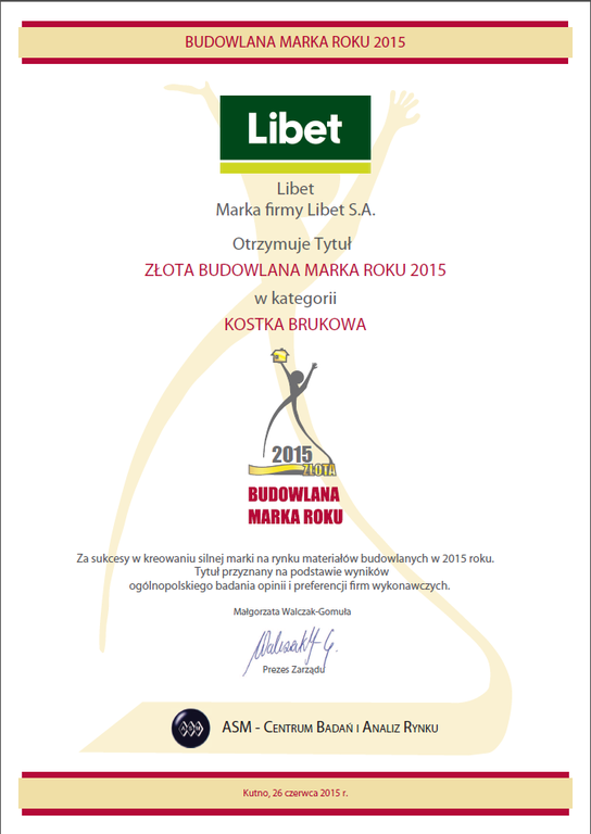 Tytuł Złotej Budowlanej Marki Roku 2015 dla firmy Libet