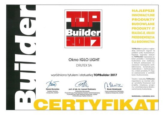 Okno Iglo Light firmy Drutex zdobyło prestiżową nagrodę Top Builder 2017