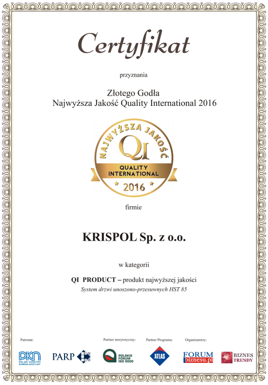 Certyfikat przyznania Złotego Godła - Najwyższa Jakość Quality International 2016